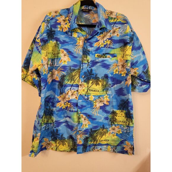 Revue Jamaica Island Print Tropical Floral Button Up Camp Shirt Men Size Medium - Picture 1 of 5